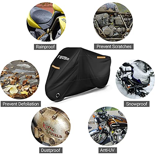 Favoto Funda para Moto Cubierta de la Motocicleta 210T Protectora Poliéster con Banda Reflectante a Prueba de Sol Agua Lluvia Polvo Viento Nieve Excremento de Pájaro al Aire Libre XL 220cm Negro