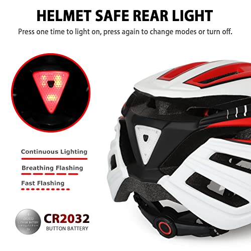 FUNWICT Casco Bicicleta Hombre Casco MTB con Gafas Magnéticas Extraíbles y Forro Interior Casco Bicicleta con Luz Trasera LED para Ciclismo 57-61 CM (Blanco Rojo)