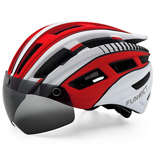 FUNWICT Casco Bicicleta Hombre Casco MTB con Gafas Magnéticas Extraíbles y Forro Interior Casco Bicicleta con Luz Trasera LED para Ciclismo 57-61 CM (Blanco Rojo)