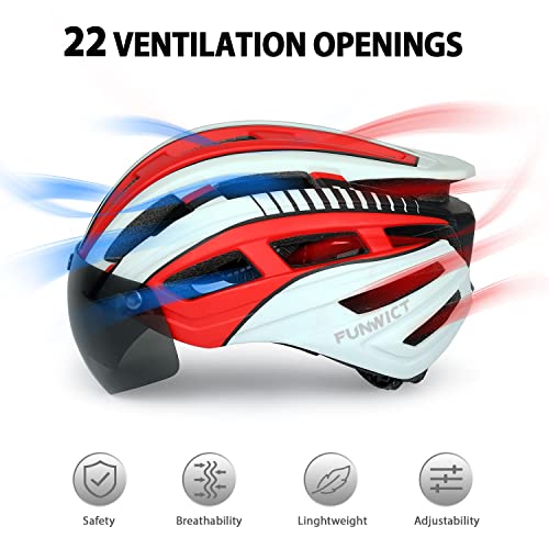 FUNWICT Casco Bicicleta Hombre Casco MTB con Gafas Magnéticas Extraíbles y Forro Interior Casco Bicicleta con Luz Trasera LED para Ciclismo 57-61 CM (Blanco Rojo)