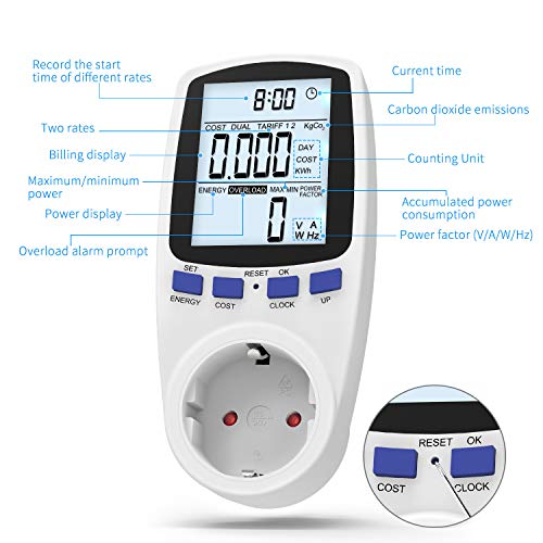 Gafild Medidor de consumo de corriente del medidor de energía, Monitor Contador de Electricidad con Pantalla LCD Retroiluminada, protección contra sobrecarga (Multi-rate)