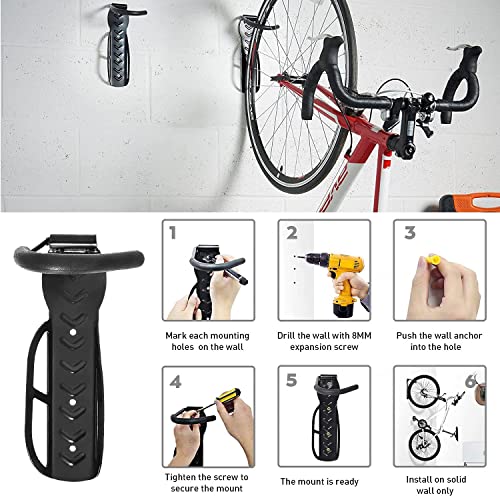 Gancho Bicicleta Pared Soporte Bicicletas Pared Set de 2 Cuelga Bicis Pared Portabicicletas Ganchos para Colgar Bicicletas MTB Soporte Bici Pared Vertical Almacenamiento Garaje, Soporte 30 kg - Negro