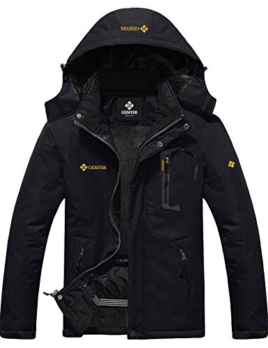 GEMYSE Chaqueta de Esquí Impermeable de Montaña para Hombre Abrigo de Invierno de Lana Antiviento con Capucha (Negro,L)