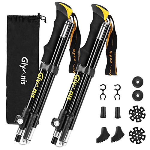 Glymnis Bastones de Senderismo Bastones Trekking Plegables 2pcs 36cm-130cm de Aleación de Aluminio 7075 y EVA para Senderismo Alpinismo Trail Viaje Amarillo