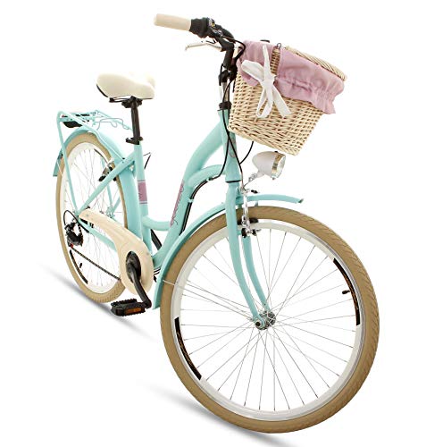 Goetze Mood - Bicicleta de ciudad retro vintage holandesa para mujer, ruedas de aluminio de 26 pulgadas, cambio Shimano de 7 velocidades, subida profunda, cesta con acolchado