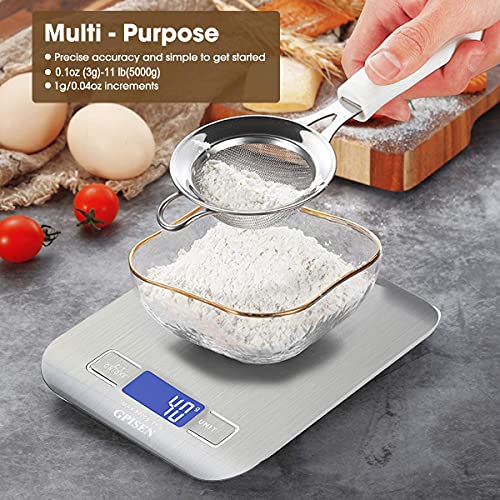 GPISEN Báscula Digitales de Precisión 5 kg/11 lbs,pesar Frutas,Granos,Carne u otro Líquido Báscula de Joyería,con Pantalla LCD,Plataforma de Acero Inoxidable,Función de Tara-Baterías Incluidas