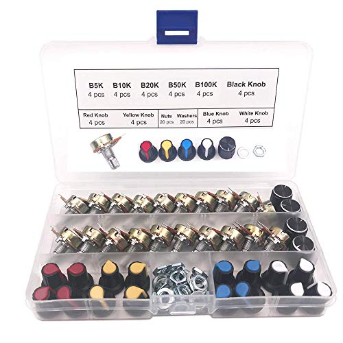 GTIWUNG 20Pcs Potenciómetro B5K B10K B20K B50K B100K Ohm, Lineal Cónico Rotativo Potenciómetro Kit, 3 Terminales Potenciometro de B-Tipo Estéreo Audio Potenciómetro con Perilla