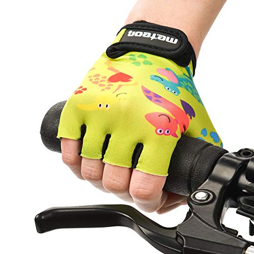 Guantes Bicicleta MTB BMX Ciclismo Montaña Carretera Fitness Gimnasio Bici Escalada Senderismo y Otros Deportes Guantes Deportivos Sin Dedos para Mujer y Hombre (JR XS ~6-6,5cm, Dino)