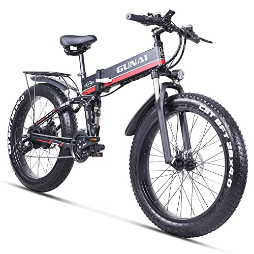 GUNAI Bicicleta eléctrica 26 Pulgadas Bicicleta de Nieve Plegable con neumáticos Gruesos Bicicleta eléctrica de montaña de 21 velocidades con Asiento Trasero （Rojo）