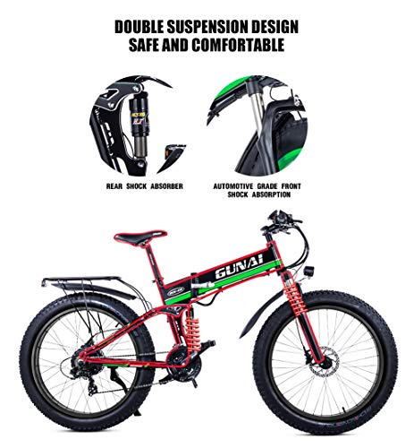 GUNAI Bicicleta eléctrica 26 Pulgadas Bicicleta de Nieve Plegable de neumáticos Gruesos Bicicleta eléctrica de montaña de 21 velocidades con Asiento Trasero （Verde）