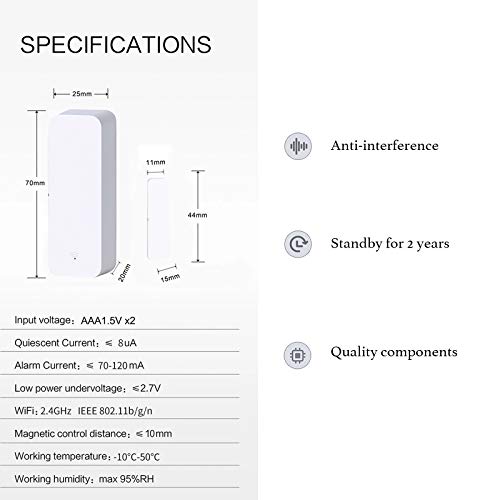 GYOCYC Sensor de Ventana de Puerta Inteligente, Conexión Inalámbrica, Alarma Magnética Antirrobo, Detección de Puerta Abierta o Cerrada, Funciona con Alexa Google Home