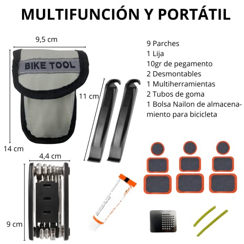 Herramientas de Bicicleta para la repación de Ruedas. Kit repara pinchazos de alta calidad con parches para la bicicleta, pegamento, llave multifuncional y 2 palancas para neumáticos