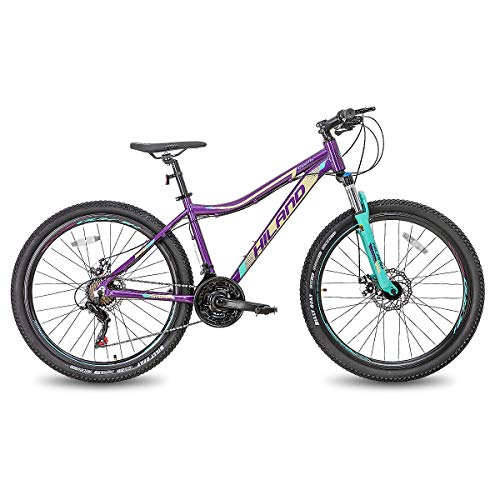 Hiland Bicicleta de montaña de 26, 27,5 Pulgadas, Cuadro de Aluminio, 24 velocidades, Disco Dual con Horquilla de suspensión Lock-out para Mujeres, Color Morado…