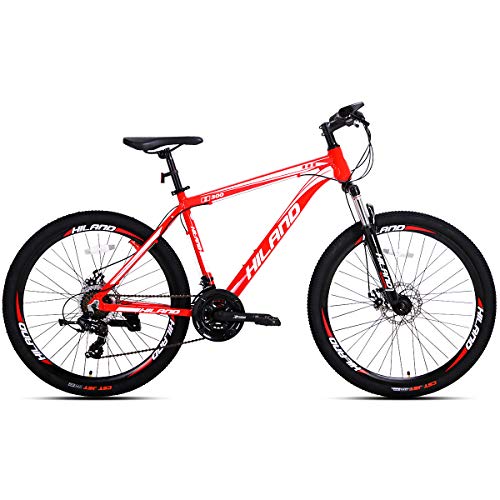 Hiland Bicicleta de montaña de aluminio, 26 pulgadas, 24 velocidades, con freno de disco Shimano, tamaño 18, color rojo