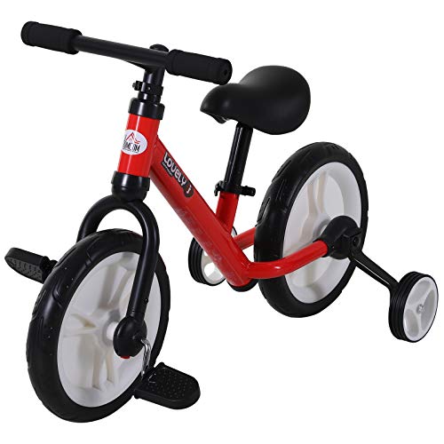 HOMCOM Bicicleta de Equilibrio con Pedales y Ruedas Entrenamiento Extraíbles de Asiento Regulable 33-38cm Niños +24 Meses Carga 25kg Rojo