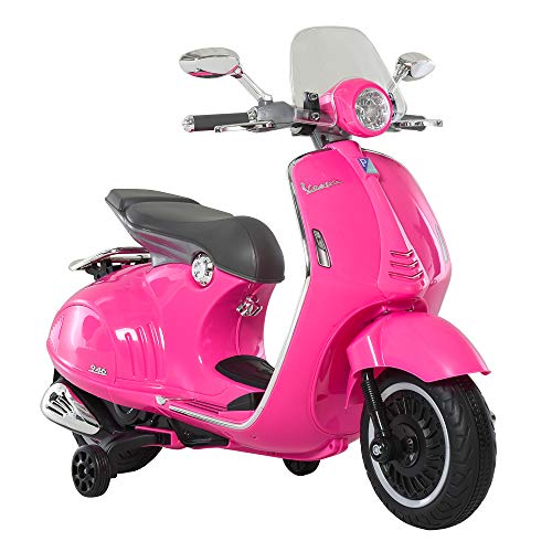 HOMCOM Moto Eléctrica Vespa Faros Música 2 Ruedas Auxiliares para Niños Mayores de 3 Años Motocicleta Infantil Autorizada 108x49x75 cm Rosa