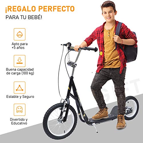 HOMCOM Patinete 125x58x92-100 cm 2 Ruedas 16/12 Pulgadas con 2 Frenos Scooter + Caballete Negro