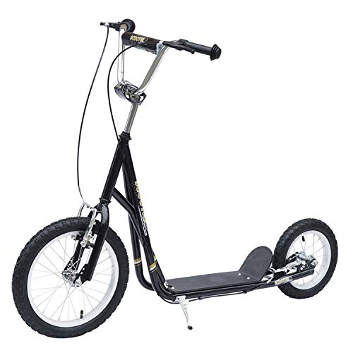 HOMCOM Patinete 125x58x92-100 cm 2 Ruedas 16/12 Pulgadas con 2 Frenos Scooter + Caballete Negro