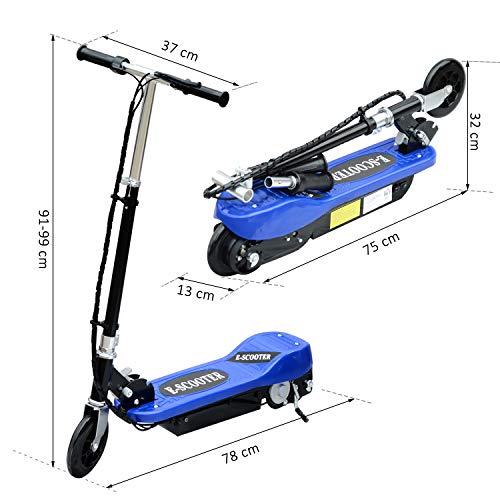 HOMCOM Patinete Eléctrico Plegable para Niños y Adolescentes de +7 Años Scooter Eléctrico con Manillar Ajustable en Altura y Frenos Carga Máx. 50 kg 78x37x91-99 cm Azul