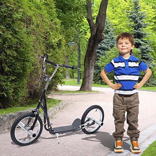 HOMCOM Patinete Scooter 2 Ruedas 16 Pulgadas 4 PEGS Estribos Freno Caballete para Niños Mayores de 5 Años Carga 100 kg Color Negro