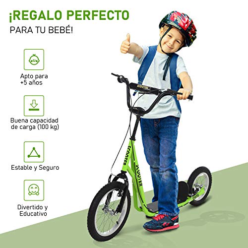 HOMCOM Scooter Patinete para Niños Mayores de 5 Años con 2 Neumáticos de Caucho Inflable con Doble Freno Manillar Ajustable en Altura Soporte 100 kg 135x58x88-94 cm Verde