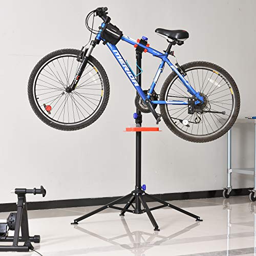 HOMCOM Soporte de reparación Portátil Caballete de Bicicleta para Hogar Altura Ajustable 110-180 cm con 4 Patas Bandeja de Herramientas hasta 25 kg 84x84x180 Negro