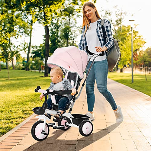 HOMCOM Triciclo Bebé 2 en 1 Triciclo Evolutivo para Niños de +12 Meses con Asiento Reversible Capota Plegable Mango de Empuje Telescópico y Barra Extraíble 100x48x106 cm Rosa