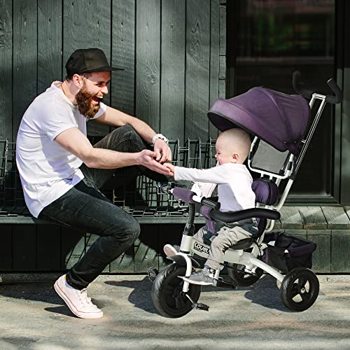 HOMCOM Triciclo para Bebé 4 en 1 Bicicleta para +18 Meses con Capota Manija de Empuje Ajustable Barra Extraíble Reposapiés Plegable Canasta de Almacenaje 92x51x110 cm Morado