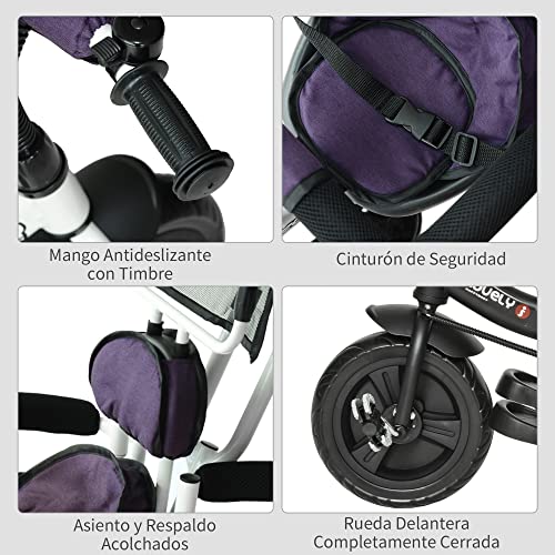 HOMCOM Triciclo para Bebé 4 en 1 Bicicleta para +18 Meses con Capota Manija de Empuje Ajustable Barra Extraíble Reposapiés Plegable Canasta de Almacenaje 92x51x110 cm Morado