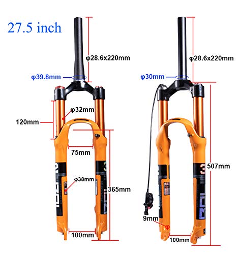 Horquilla de suspensión de Bicicleta MTB, 27.5'' Horquilla Delantera de Bicicleta de montaña Horquilla de aleación con amortiguación de Choque Horquilla Recta (Bloqueo Remoto)