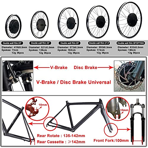 HYCy Kit de conversión de Bicicleta eléctrica, Motor de Cubo de Rueda sin Engranajes sin escobillas Delantero de 48V 1500W, Motor de Alta Velocidad, Rueda Ebike de 24 Pulgadas, con Cont