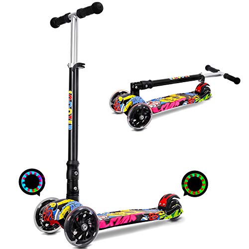 IMMEK Patinete Niño Plegable con 3 Ruedas PU Led Luces Iluminadas para 3 a 12 Años Altura Ajustable Desde 75-83 CM Niños y Niñas Juguetes y Regalos con Freno Posterior Carga Máxima 50 KG (Grafiti)