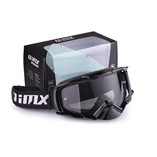 iMX Gafas DUST Ahumado oscuro y visera transparente, Lente antivaho y antirrayas, Protección de nariz, Espuma de tres capas, Juego de dos viseras, Motocross Enduro MTB Downhill MX, Talla Única, Negro