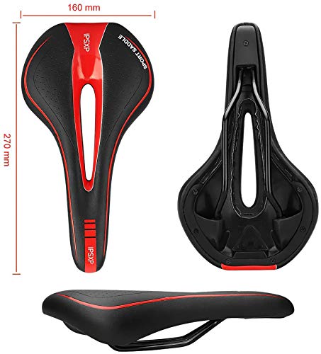 IPSXP Asiento de Bicicleta, Sillín de Asiento de Bicicleta de Gel, Cómodo Acolchado de Espuma de Memoria con los Resortes, Cojín de Silicona de Bici/MTB Respirable Sillín de Bicicleta (Negro + Rojo)