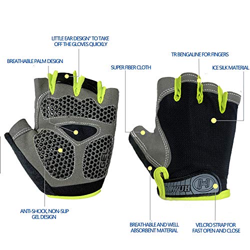 IvyLife Guantes de Ciclismo MTB Guantes de Bici de Carretera de Medio Dedo, Guantes Deportivos para Gimnasio Moto Entrenamiento, Antideslizantes Guantes Verano para Hombre y Mujer, Negro y Verde-L