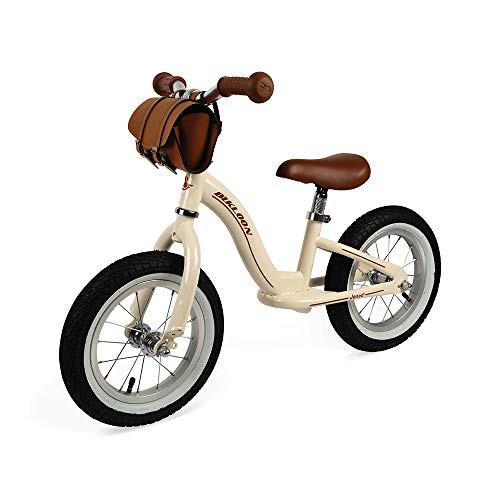 Janod - J03294 - Bicicleta de equilibrio metálica y estilo retro con sillín ajustable, neumáticos inflables y bolso incluido, color beis, para aprendizaje de equilibrio, para niños a partir de 3 años