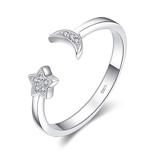 JewelryPalace Anillo Luna Estrella Anillos Mujer Plata Ajustables, Anillos Plata de ley 925 Mujer Oro, Anillos Niñas Ajustables Anillo Mujer Alianzas, Aniversario, Joyería Personalizada