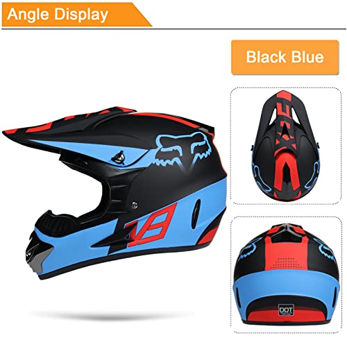 KILCVEM Casco Motocross Niños de 5 a 14 Años,Casco Moto Infantil con Gafas Guantes Máscara Red elástica,Casco Cross Integral Chico y Chica para Bici MTB Downhill Enduro, con Diseño Fox, Negro Azul,S