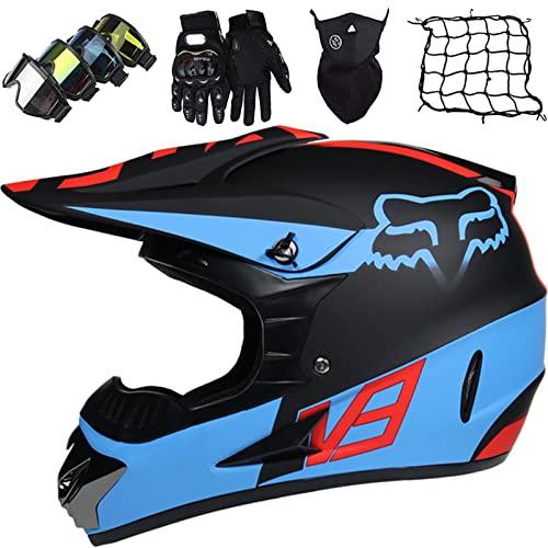 KILCVEM Casco Motocross Niños de 5 a 14 Años,Casco Moto Infantil con Gafas Guantes Máscara Red elástica,Casco Cross Integral Chico y Chica para Bici MTB Downhill Enduro, con Diseño Fox, Negro Azul,S