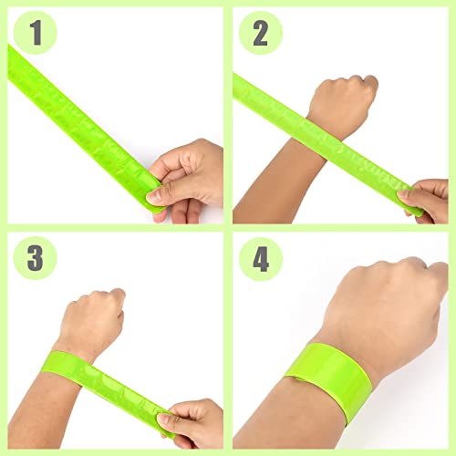 KINBOM 4 Piezas Bandas Reflectantes Brazo + 4 Piezas Muñequeras Slap, Alta Visibilidad Pulseras Reflectantes Equipo de Seguridad para Caminar de Noche Correr Andar en Bicicleta Escalar (Verde)