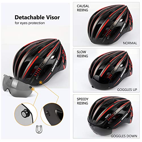 Kinglead Casco de bicicleta con luz de seguridad y visera protectora, certificado CE, unisex, casco de ciclismo para montar al aire libre, deportes, seguridad superligera ajustable, negro y rojo