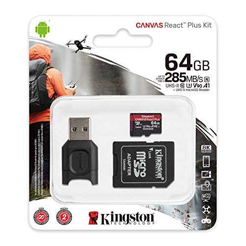 Kingston MLPMR2/64GB Tarjeta microSD ( 64GB microSDXC React Plus SDCR2 con adaptador de SD + Lector de tarjeta )