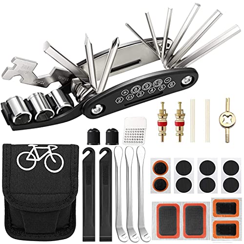 Kit de Herramientas de Reparación de Bicicletas,16 en 1 Juego de Pinchazos Multifunción,Montaña Bicicletas Accesorios,Neumáticos Palancas,Llave de Núcleo de Válvula,Escofina,Neumáticos Parches y Bolsa