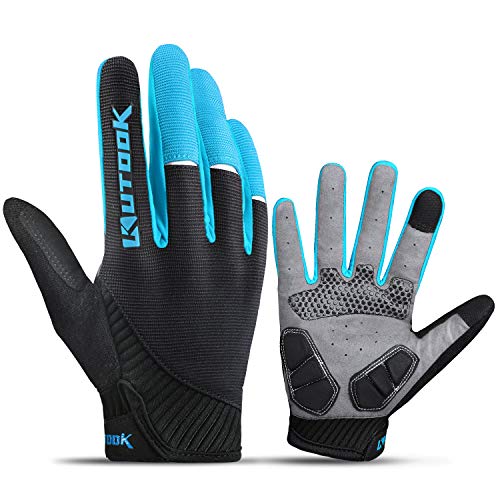 KUTOOK Guantes Ciclismo Largos Transpirables Hombres con Acolchadas De EVA Función Táctil Guantes MTB Gel Antideslizante(Azul,L)