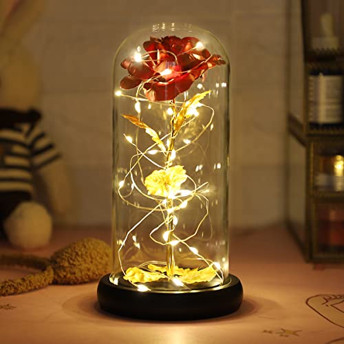 La Bella y la Bestia Rose, Red Silk Rose en Dome Glass con 20 LED Fairy Lights String, Romántica Sorpresa para el Día de San Valentín, Valentine, Aniversario de Bodas, Navidad, Regalos día de la Madre