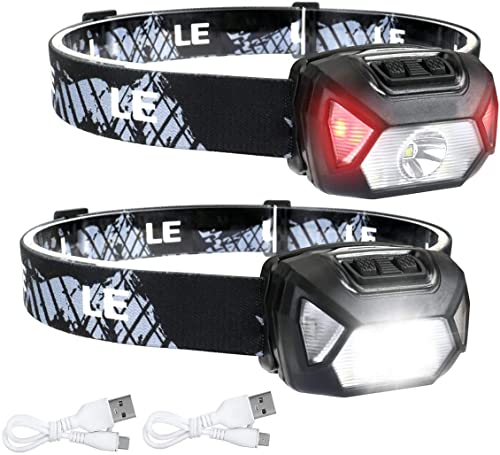 LE Linterna Frontal LED Recargable 2000lux (2 Pack), Linterna Cabeza USB Recargable D500, 6 Modos de Luz con Luz Rojo, Impermeable IPX4, Luz Frontal Cabeza para Correr, Camping, Excursión, Pesca