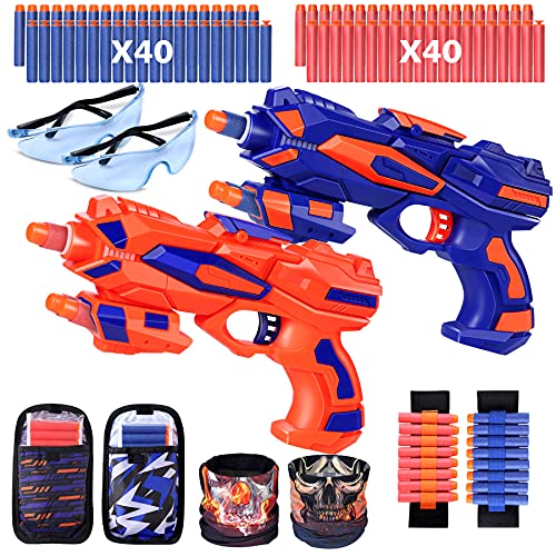 lenbest Arma de Juguete, 2pcs Pistola de Dardos de Espuma + 80 Balas de Espuma + 2 Gafas Protectoras + 2 Mascara Facial, Juegos Tiro Pistola, Regalos de Cumpleaños para Niños de Mayores de 6 años