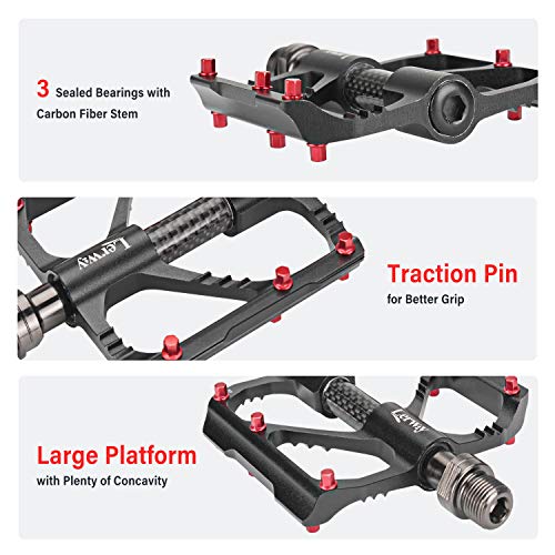 LERWAY Pedales de Bicicleta, Ultraligero MTB Bike Repuesto de Pedales de Ciclismo de Montaña Antideslizantes Pedales Híbridos de Bicicleta de Carretera para 9/16" (Negro + Fibra de Carbon)