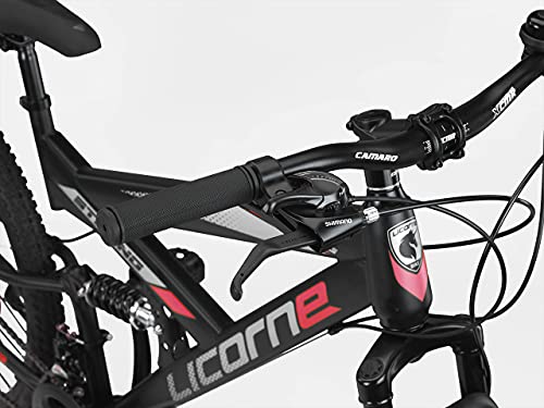 Licorne Bike Bicicleta de montaña Strong 2D, para niños, niñas, mujeres y hombres, freno de disco delantero y trasero, 21 velocidades, suspensión completa, negro/rojo, 29 pulgadas