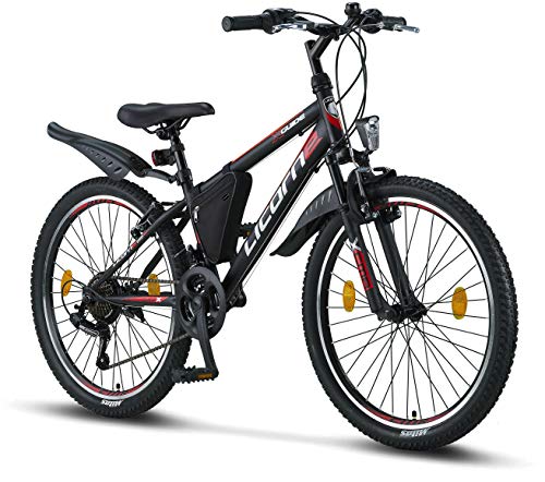 Licorne Bike Guide Bicicleta de montaña de 24 Pulgadas, Cambio de 21 velocidades, suspensión de Horquilla, Bicicleta Infantil, Bicicleta para niños y niñas, Bolsa para Cuadro,Negro/Rojo/Gris